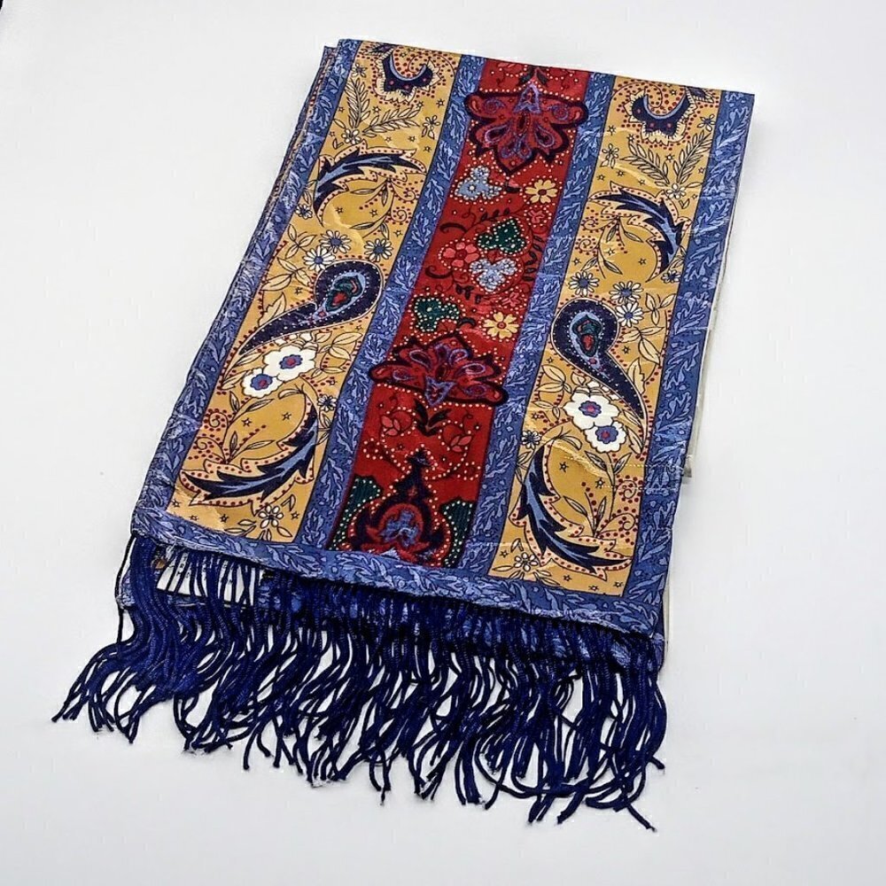 Vintage Tan Blue Red Paisley Jacquard Oblong Fringed Scarf